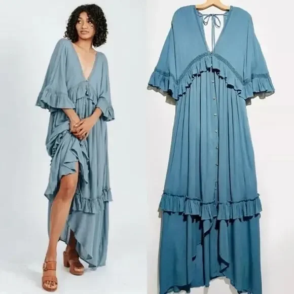 Free People Paradiso HiLo Maxi Dress Ruffle Blue Boho Folklore Oversized Medium - Picture 15 of 16